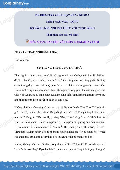 Đề thi giữa kì 2 Văn 7 Kết nối tri thức - Đề số 12